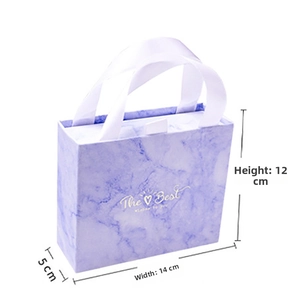 Purple marble gift bag with white satin handle and gold greeting 14x12x5cm
