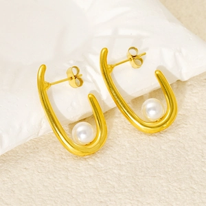 Boucles D'oreilles Künstliche Perles En Forme De U Acier Inoxydable Plaqué Or 18 Carats Bijoux Géométriques Élégants Pour Femmes