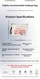Detail view of linen cosmetic bag with red truck and heart print showing 17x25cm dimensions