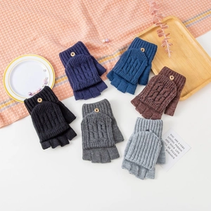 Detailed view of six colors of men's knitted wool convertible fingerless mittens for winter