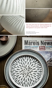 Detail of radial textured ceramic steak plate with retro reddish-brown rim finish