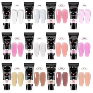 Detailed palette of 12 colors solid UV extension gel kits with long nail tips