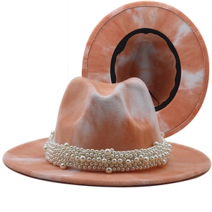 Two-tone orange and white tie-dye wool fedora hat with elegant pearl band decoration