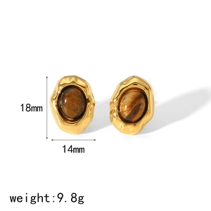 Détail des boucles d'oreilles en acier titane plaqué or 18 carats avec œil de tigre