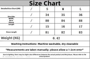 Detailed size chart for the knit dress with measurements in cm and kg for S, M, L