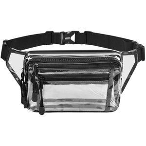 Clear PVC fanny pack with black trim and three zippered pockets for work or travel