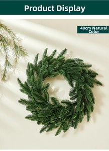 Close-up of 40cm artificial pine needle wreath with dense green foliage for Christmas decor