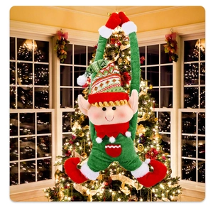 Hanging Christmas elf doll featuring red and green plush outfit with long striped hat