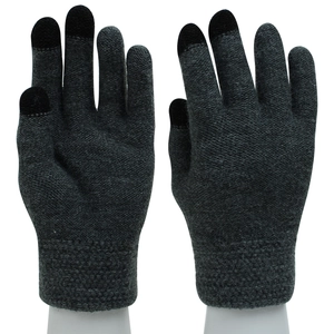 Detail of dark grey knit gloves with black touch screen tips on index and thumb