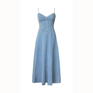 Detail of light blue denim midi dress with corset-style waist and V-neckline straps