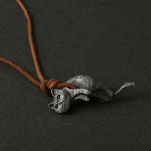 Vintage 925 sterling silver cat pendant necklace with brushed texture on leather cord