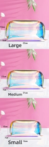 Three-piece set of holographic laser cosmetic bags in various sizes with dimensions