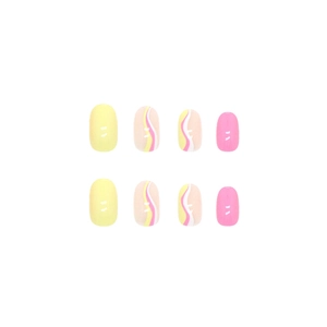 Faux ongles courts et ronds avec motifs de vagues marbrées jaunes, roses et blanches