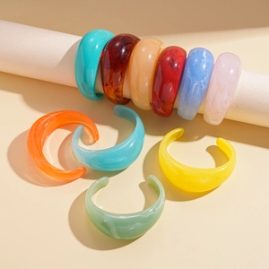 Colorful resin open C-shape geometric bangle set with marble and tortoiseshell patterns