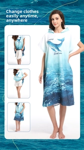 Detail of whale pattern hooded beach towel poncho with wave gradient for surfing