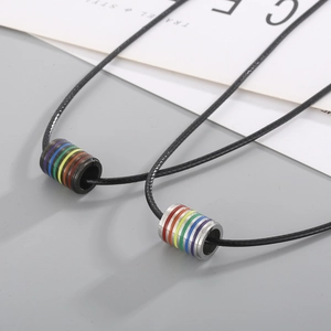 Hip hop rainbow striped double ring pendants on black cords in black and silver finish