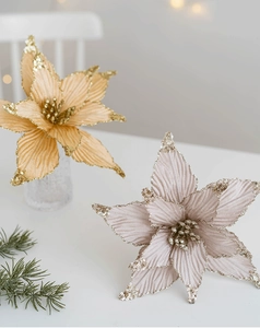 Detailed close-up of 25cm sequined Christmas flowers in gold and champagne for tree decoration