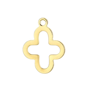 Detailed view of a gold hollow cross pendant accessory with a top connector ring