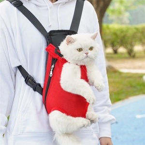 Detail of breathable red mesh pet carrier with adjustable black straps and drawstring