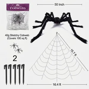 Set Halloween con ragno gigante da 50 pollici, ragnatela triangolare e ragnatele estensibili