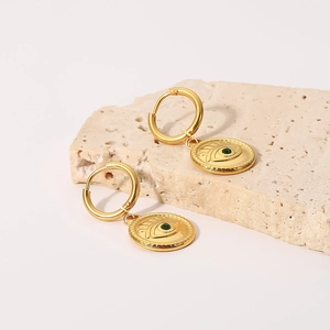 18K gold plated stainless steel hoop earrings with evil eye charm and green zircon