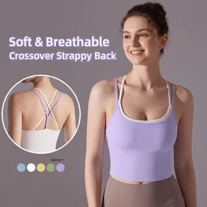 Soutien Gorge de Sport Femme Nylon Élasthanne Faux Deux Pièces Haut Sans Couture Dos Croisé Débardeur de Yoga