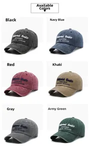 Detailed grid showing six colors of washed vintage baseball caps with National Basic embroidery