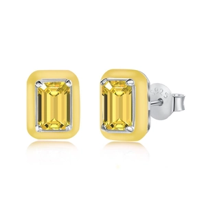 S925 Sterling Silver Stud Earrings with Yellow Emerald-Cut Zircon and Enamel Trim