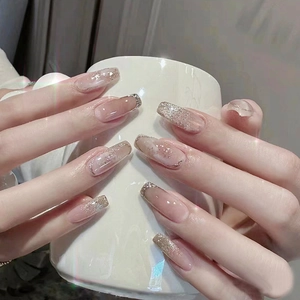 Unghie Finte a Pressione Sfumate Premium Rosa Nude Ombre Forma Ballerina Coffin Con Glitter Argento Strass per Donna