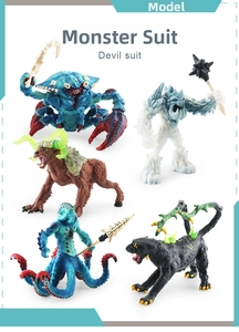 Detailed macro view of 5 mythical monster figurines with realistic textures and vibrant colors