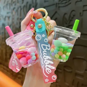 Cute Bubble Tea Cup Keychain Creative Moving Liquid Quicksand Keyring Acrylic Milk Tea Bottle Pendant With Silicone Strap