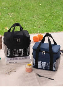 Detail of insulated lunch bags with wavy patterns and side mesh pockets on a grass field