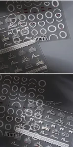 Détails macro de stickers ongles 5D en dentelle blanche avec paillettes argentées brillantes