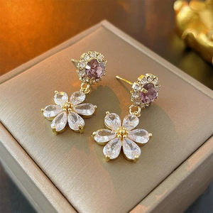 Flower Dangle Earrings Copper With Zircon Rhinestones And 925 Sterling Silver Earring Post Elegant Sparkling Fashion Women