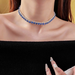 Luxurious double-layer choker necklace with blue and white crystals for party wear