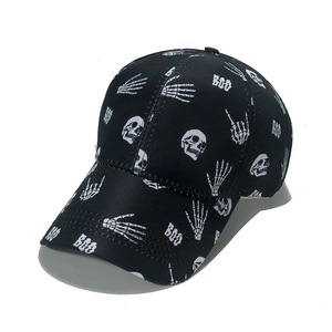 Black baseball cap with white skull hand and BOO prints in a stylish 45-degree side view