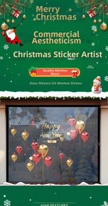 Macro detail of Happy New Year 2025 UV stickers with festive balloons for window displays