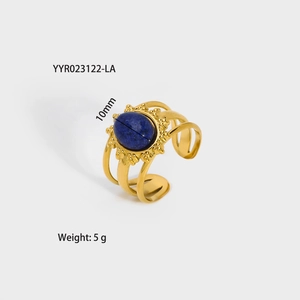 Detail view of gold stainless steel ring with 10mm oval blue stone weighing 5 grams