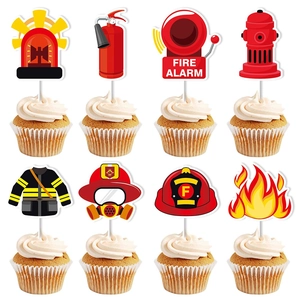 Firefighter Theme Birthday Party Cake Toppers Cupcake Decorations Fire Engine Hydrant Extinguisher Cardboard DIY Supplies