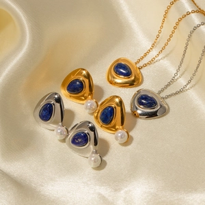 French retro titanium steel necklace and earrings set with lapis lazuli and pearls