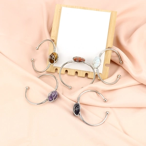 Set of 5 handmade silver wire wrapped raw gemstone bangles including amethyst and tiger eye