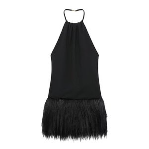 Schwarzes Neckholder Mini Kleid Mit Kunstpelz Saum Rückenfrei Ärmellos Sexy Abendparty Bodycon Für Damen Polyester
