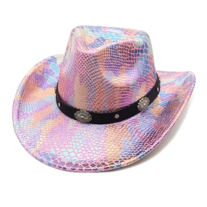 Pink iridescent snake skin western cowboy hat with metallic scale texture and silver studs