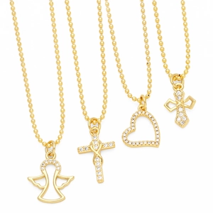 Gold Plated Copper Pendant Necklace With Zircon Angel Heart Infinity Cross Charm Ball Chain For Women Chic Jewelry