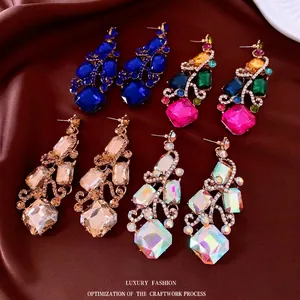 Heavyweight Geometric Square Dangle Earrings For Women Alloy Rhinestone Inlaid Jewelry With Silver Earring Post