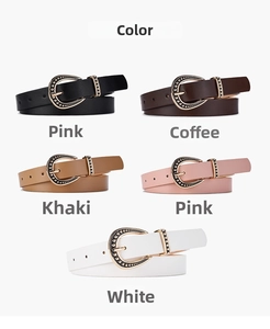 Detail view of five retro ladies' belts in black, coffee, khaki, pink, and white leather