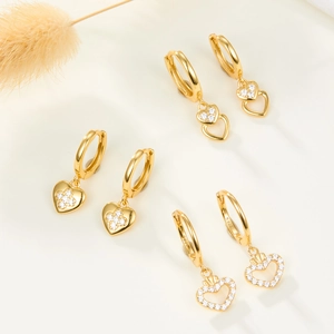 S925 sterling silver gold earrings set with heart and clover zircon pendants