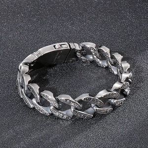 Vintage punk style 316L stainless steel Cuban link bracelet with engraved floral patterns