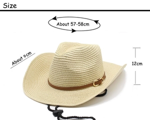 Vue détaillée du chapeau de cowboy en paille avec bord de 9cm et jugulaire en cuir réglable