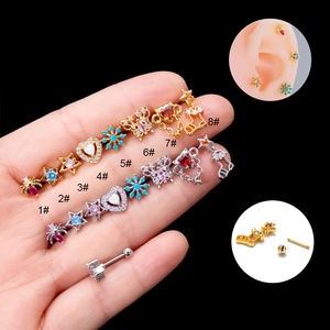 Stainless Steel Cartilage Stud Earrings Copper Micro Inlaid Colored Zircon Screw Ball Back Butterfly Star Heart For Women